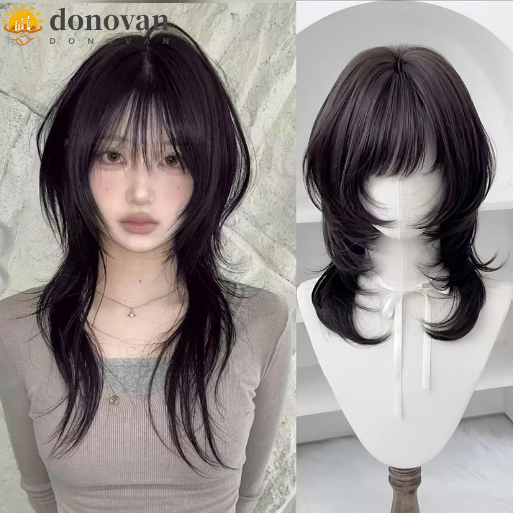 DODONVAN แมงกะพรุนวิกผม Bangs, สังเคราะห์ธรรมชาติขนาดกลางตรงชั้นวิกผม, เต็มหัวสีน้ําตาลสีดํา Hairpie
