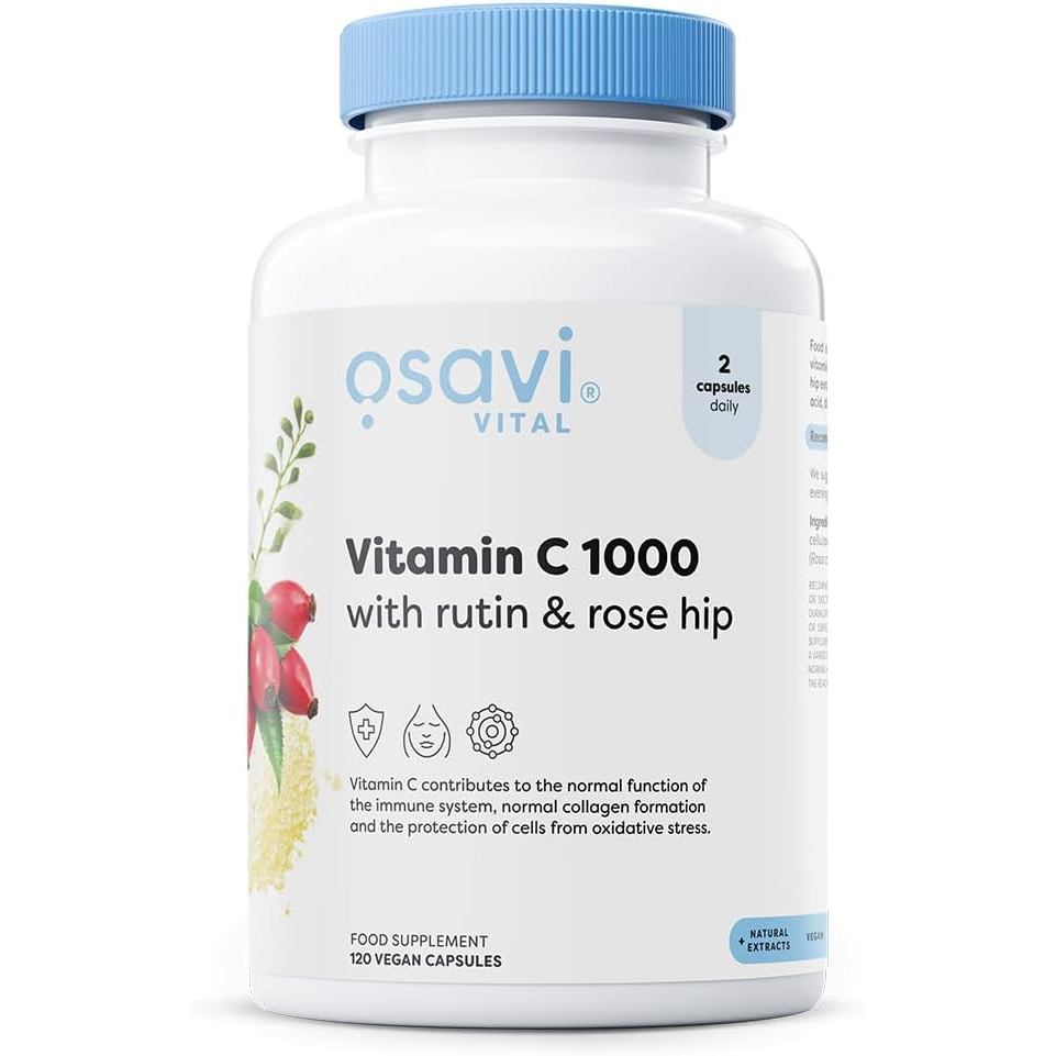 Osavi วิตามินซี 1000 พร้อม Rutin & Rose Hip – แคปซูลมังสวิรัติ 120 แคปซูล | แคลเซียมบัฟเฟอร์ Ascorba