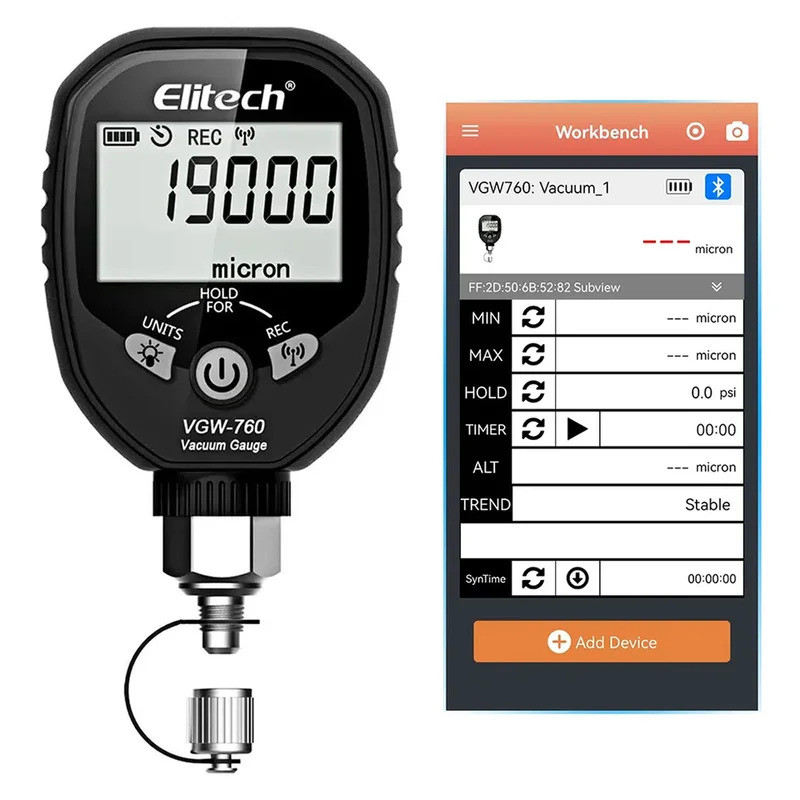 Elitech เครื่องวัดสูญญากาศดิจิตอลไร้สาย 0-19000 ไมครอนเครื่องวัดสูญญากาศสารทําความเย็น 1/4 "SAE VGW-