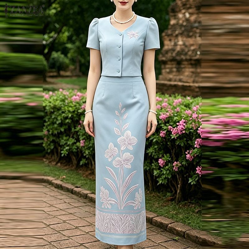 ZANZEA ใส่ ซานเซีย ผู้หญิงเกาหลีที่สง่างามลูกเรือคอพัฟแขนปุ่มขึ้นเสื้อ ข โอดีคอน กระโปรงทับพิมพ์ลายดอกไม้ชุดสองชิ้น — صورة 4