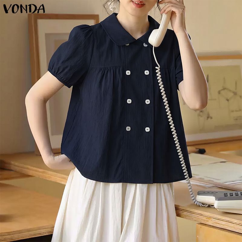 VONDA ผู้หญิงสาวเกาหลีสไตล์สาวคอตุ๊กตาพัฟแขน Double-Breasted หลวมธรรมดา A-Line เสื้อ — صورة 4