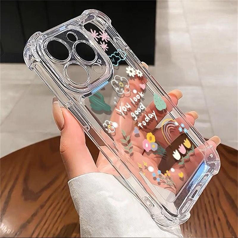 เคสกันกระแทกคู่ ดีไซน์น่ารัก เข้ากันได้กับ iPhone 15, 14, 13, 12, 11Pro Max ทำจากซิลิโคน TPU อ่อน, โปร่งใส, พร้อมดอกไม้