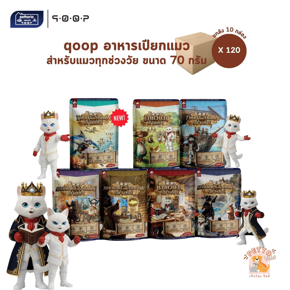 [ยกลัง 120 ซอง] qoop อาหารเปียกแมวคูปป์ สำหรับแมวทุกช่วงวัย หอม อร่อย ทะลุกล่องสมบัติ ขนาด 70 กรัม