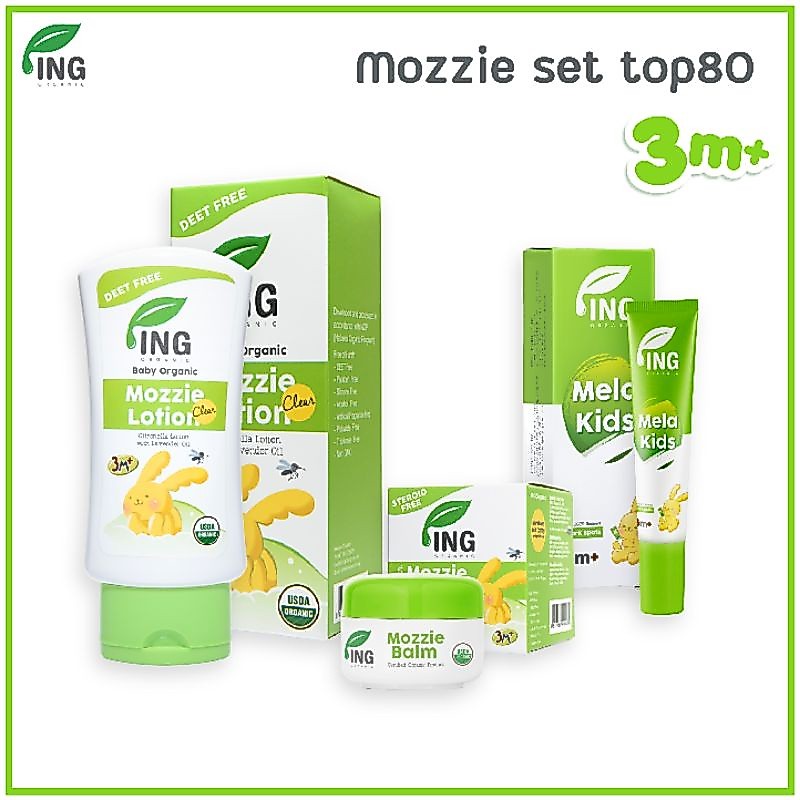 Set TOP3+ ครบจบเรื่องยุง(โลชั่นกันยุง 80ml +บาล์มออร์แกนิค USDA +เจลทารอยดำ)สำหรับเด็ก | ING Organic
