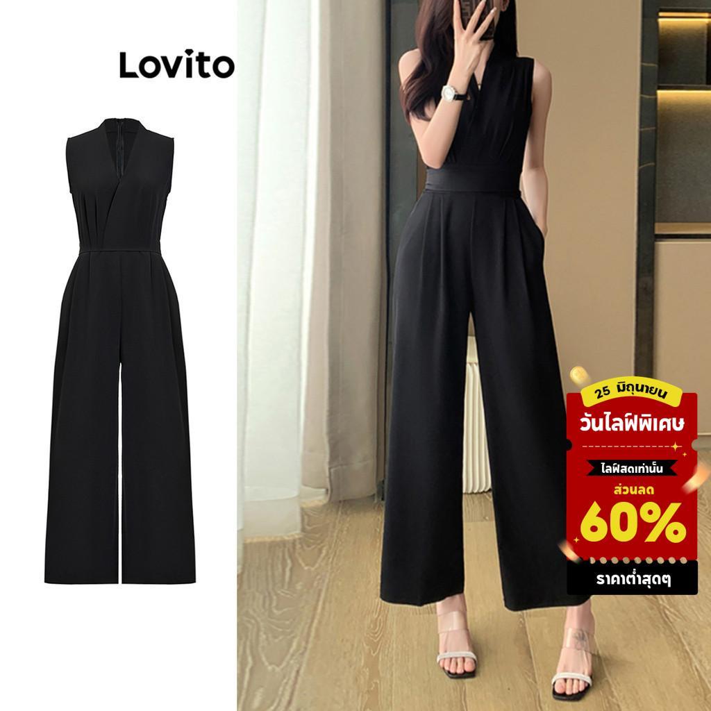 Lovito จั๊มสูทผู้หญิง แต่งจีบ สีพื้น สไตล์ลำลอง LED104525