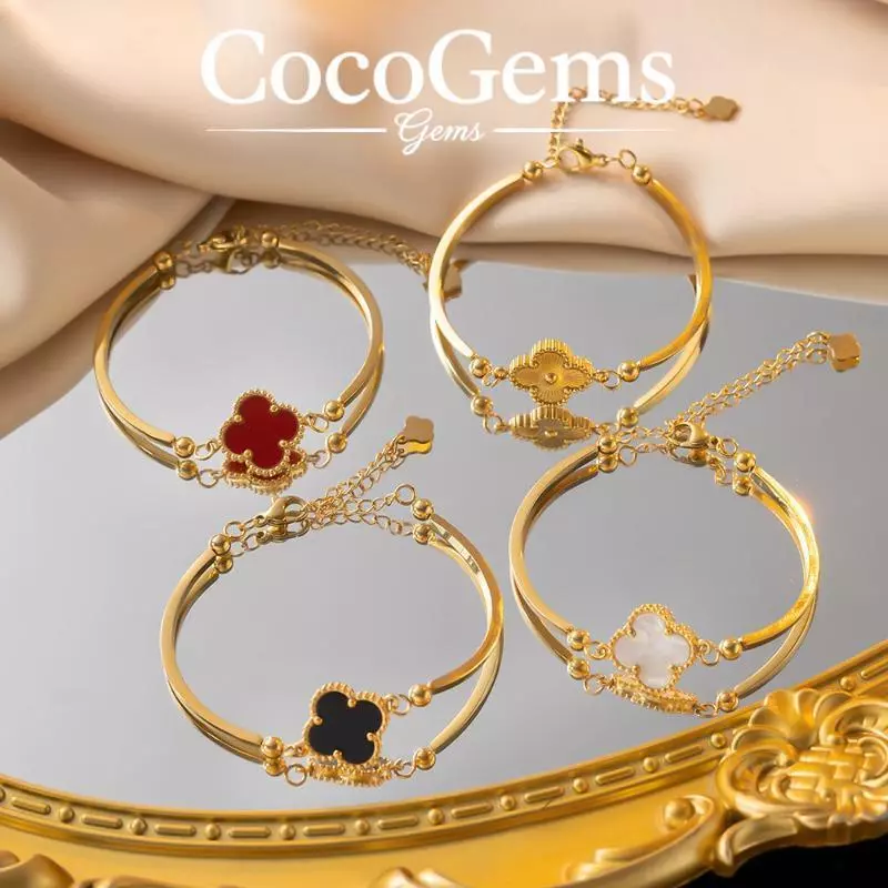 สร้อยข้อมือใบโคลเวอร์นำโชคสแตนเลสคุณภาพสูง เครื่องประดับปรับขนาดได้สำหรับผู้หญิง