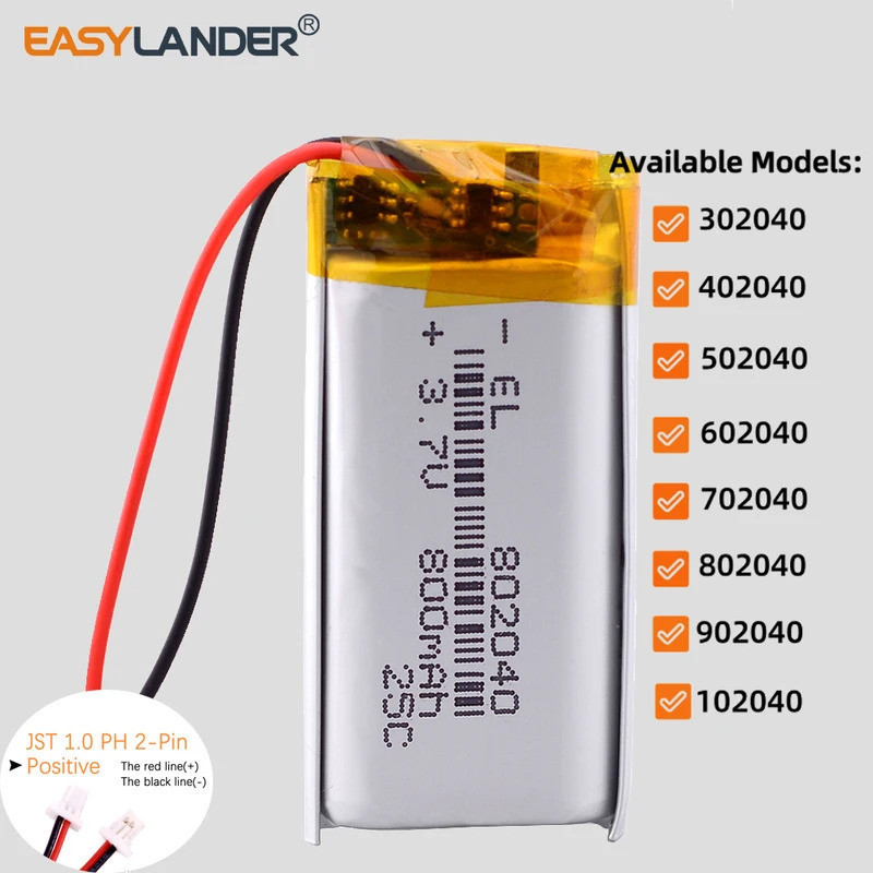 JST1.0mm 2Pin 3.7V 802040 แบตเตอรี่ลิเธียมโพลิเมอร์ 700mAh 302040 402040 502040 602040 702040 902040