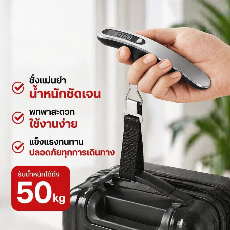 เครื่องชั่งกระเป๋าเดินทาง ดิจิตอล แบบพกพา หน้าจอไฟ ตะขอสแตนเลส ชั่งน้ำหนักแม่นยำ รองรับถึง 50