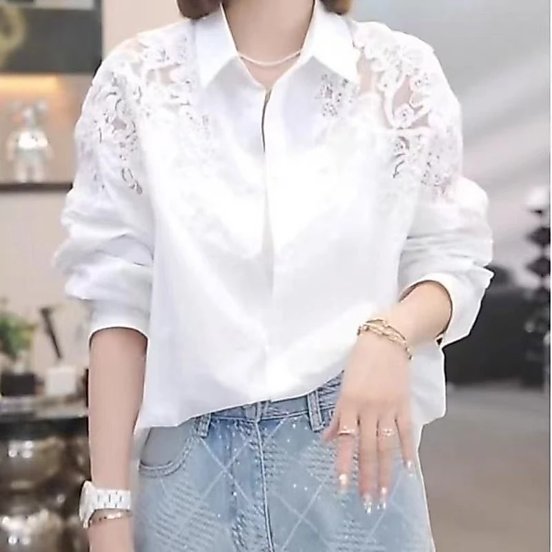 เสื้อแขนยาวสไตล์เกาหลีสำหรับผู้หญิง ผ้านุ่มลูกไม้ งานเย็บประณีต
