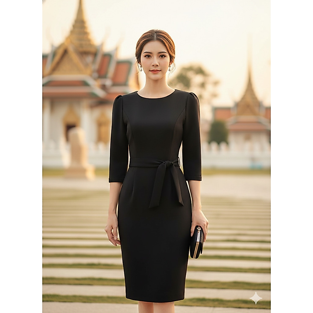 KSPC51 ชุดเดรสผ้าไหมจิตรลดา คอกลม ทรงสอบ มีเชือกผูกโบว์ งานอัดกาวมีซับในสูท (S-5XL)