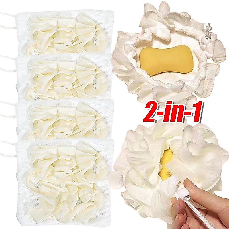 กระเป๋าใส่สบู่แบบใช้คู่พร้อมเชือกรูด - ฟองน้ําใยบวบอาบน้ําสองด้าน - Rich Lather สําหรับการใช้งานอาบน้ําทุกวัน