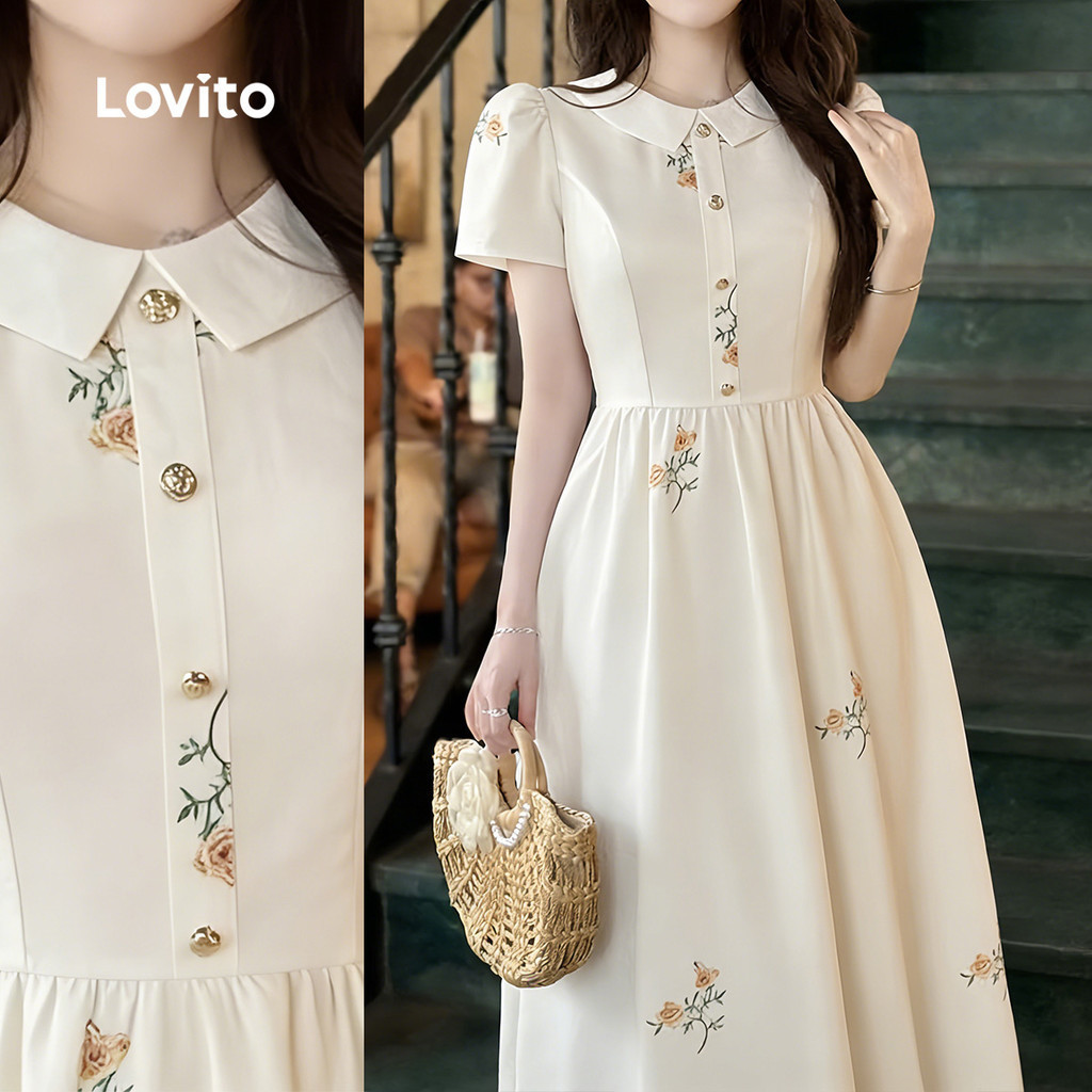 Lovito ชุดเดรสลำลองสำหรับใส่ไปทำงาน พักผ่อน ทุกวัน ไปโรงเรียน วันหยุด ออกเดท เดินทาง มีซิป เดรสสีขาวสำหรับผู้หญิง ฤดูใบไม้ผลิ/ฤดูร้อน L170LD007