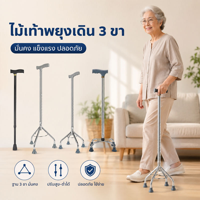 ไม้เท้าพยุงเดิน ไม้เท้า 3 ขา ไม้ค้ำยันกันลื่น สำหรับผู้สูงอายุ ไม้ช่วยพยุง ปรับความสูงได้