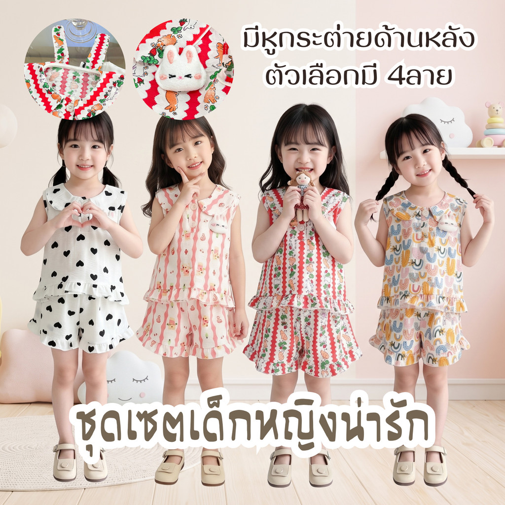 Dolemi Baby ชุดเซตเด็กหญิงน่ารัก มี4ลาย เสื้อ กางเกง เด็กหญิง น่ารัด มีหูกระต่ายด้านหลัง และติดกระต่ายที่อก