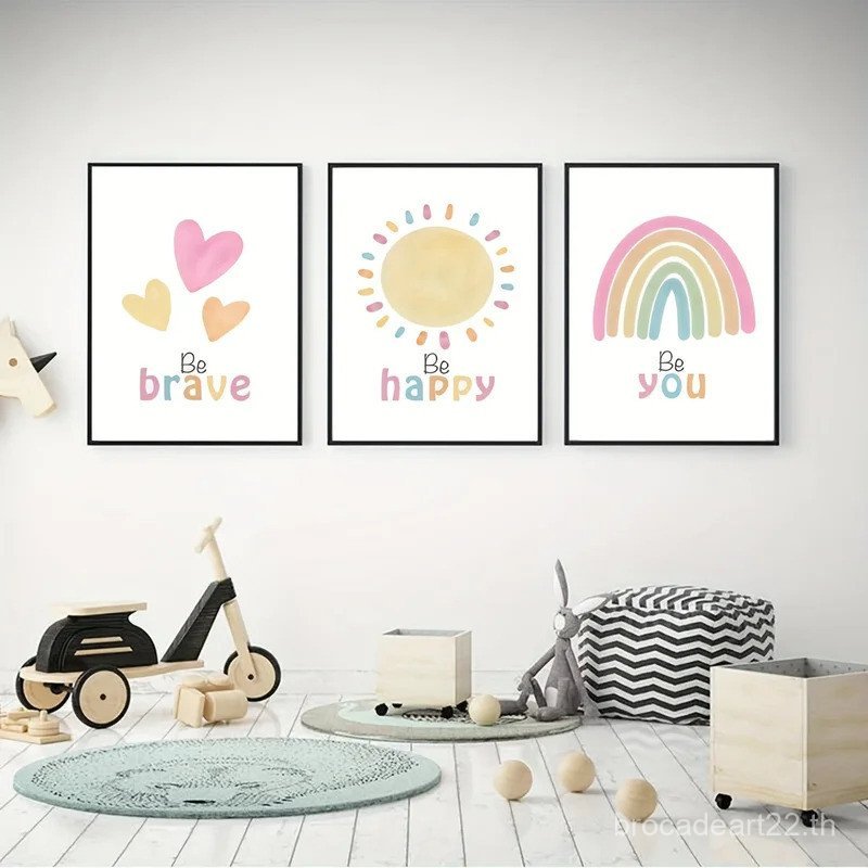 3pcs unframed Be Happy Brave Be You โปสเตอร์บวกอ้างจิตผ้าใบภาพวาดน่ารัก Sun Rainbow Wall Art พิมพ์บ้