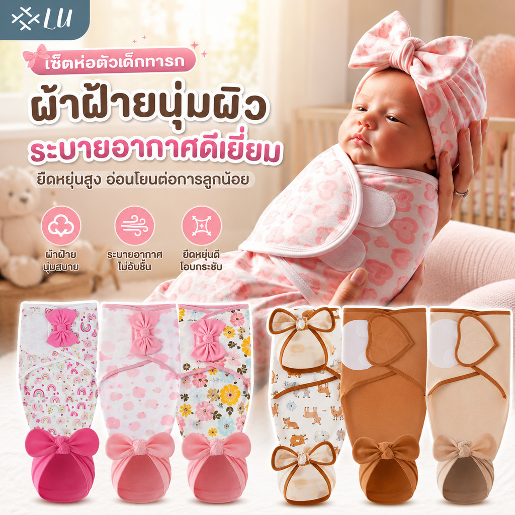 【กรุงเทพจัดส่งสินค้า】ผ้าฝ้าย100% ชุดหมวกคลุมศีรษะผ้าห่อตัวเด็กผู้หญิงแบบผ้าฝ้าย พร้อมอุปกรณ์สำหรับเด็กแรกเกิดแบบปรับได้