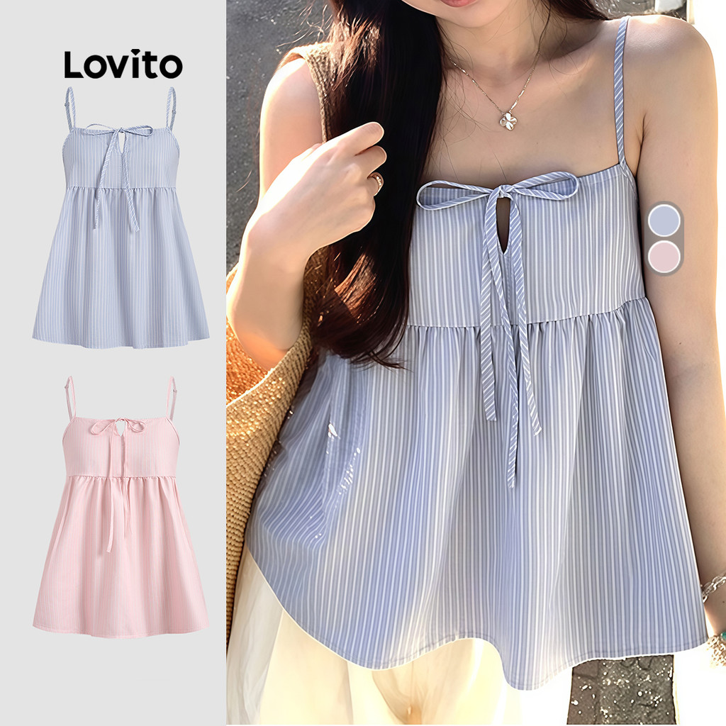 Lovito เสื้อแคชชวลเซ็กซี่ คอผูกด้านหน้า ทรงเรียบง่าย สไตล์แคชชวล สำหรับฤดูใบไม้ผลิ/ฤดูร้อน สีฟ้า สำหรับผู้หญิง LK3AD092