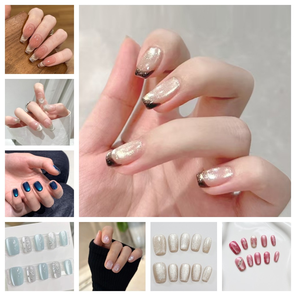10 ชิ้นสั้นHandmade เล็บปลอมพร้อมการออกแบบตาแมว,สีทึบและเล็บปลอมที่เรียบง่ายพร้อมเจลเยลลี่