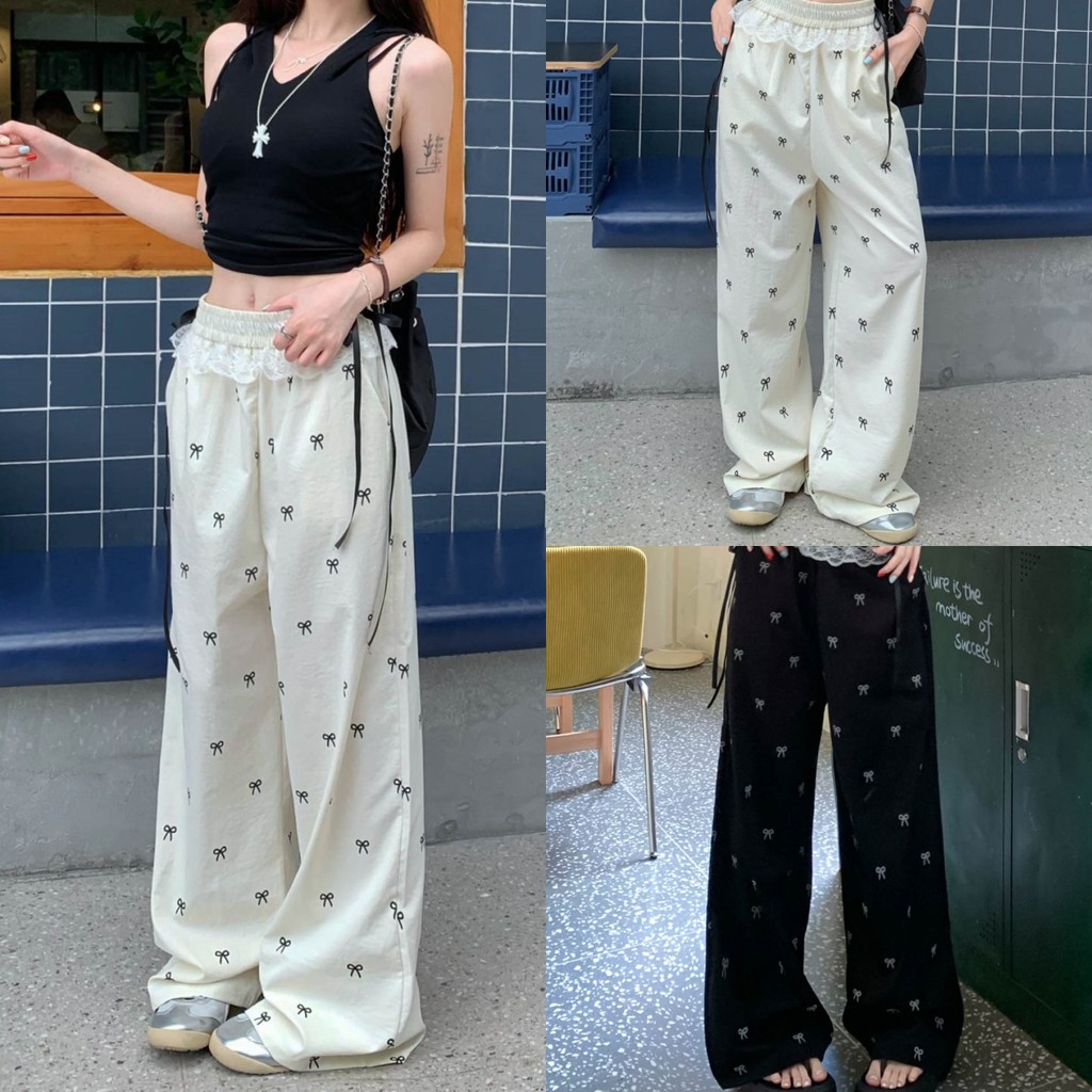 💙Riley💙กางเกงขายาว แต่งโบว์ที่เอวลายโบว์สีพื้น ขอบลูกไม้🌳ผู้หญิง เอวสม๊อค กางเกงขาตรง สไตล์เกาหลี แฟ