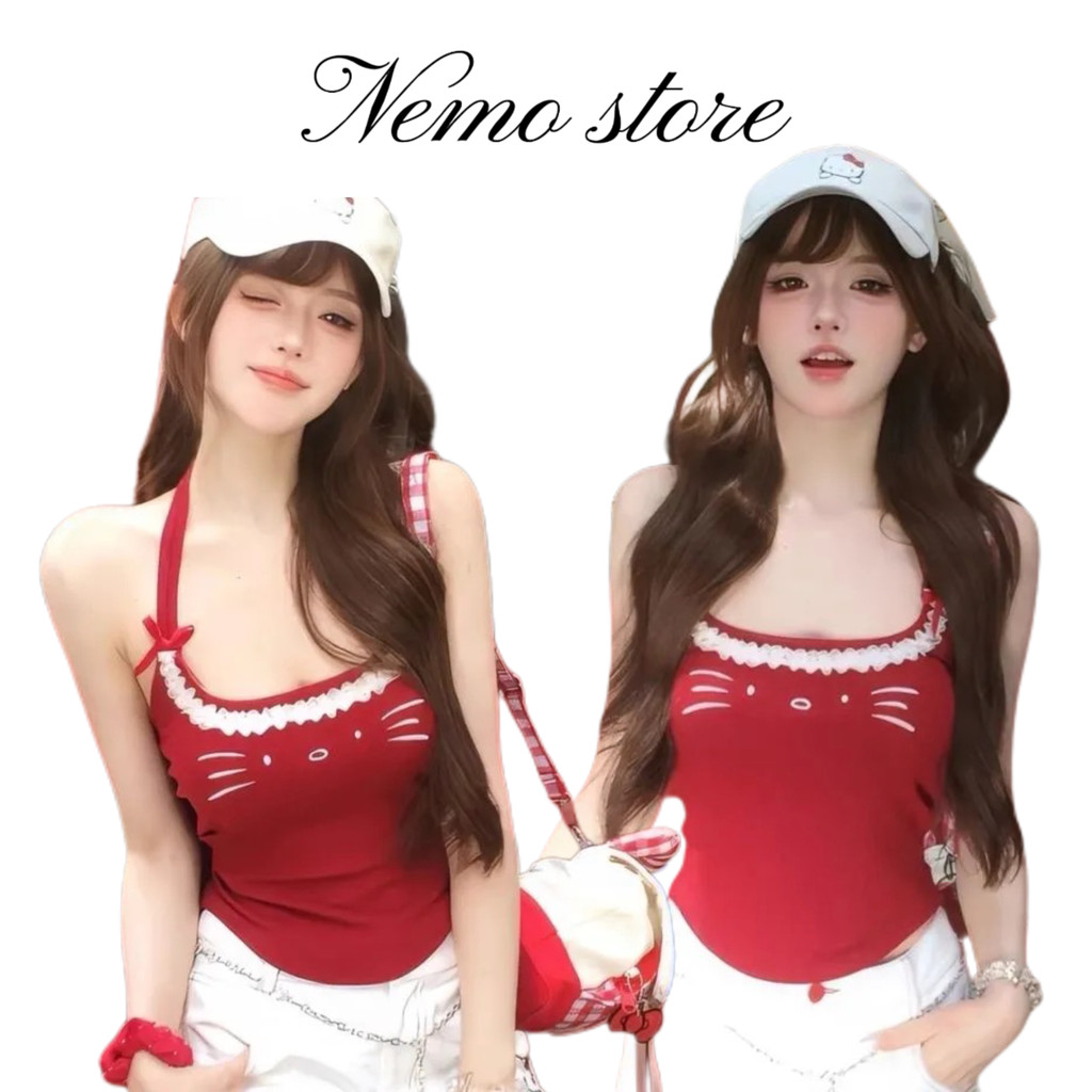 Nemo store🌸# FY3550 เสื้อสายเดี่ยวลายน้องแมวสาว น่ารักมาก สีแดง สดใสยืดพอดีตัว