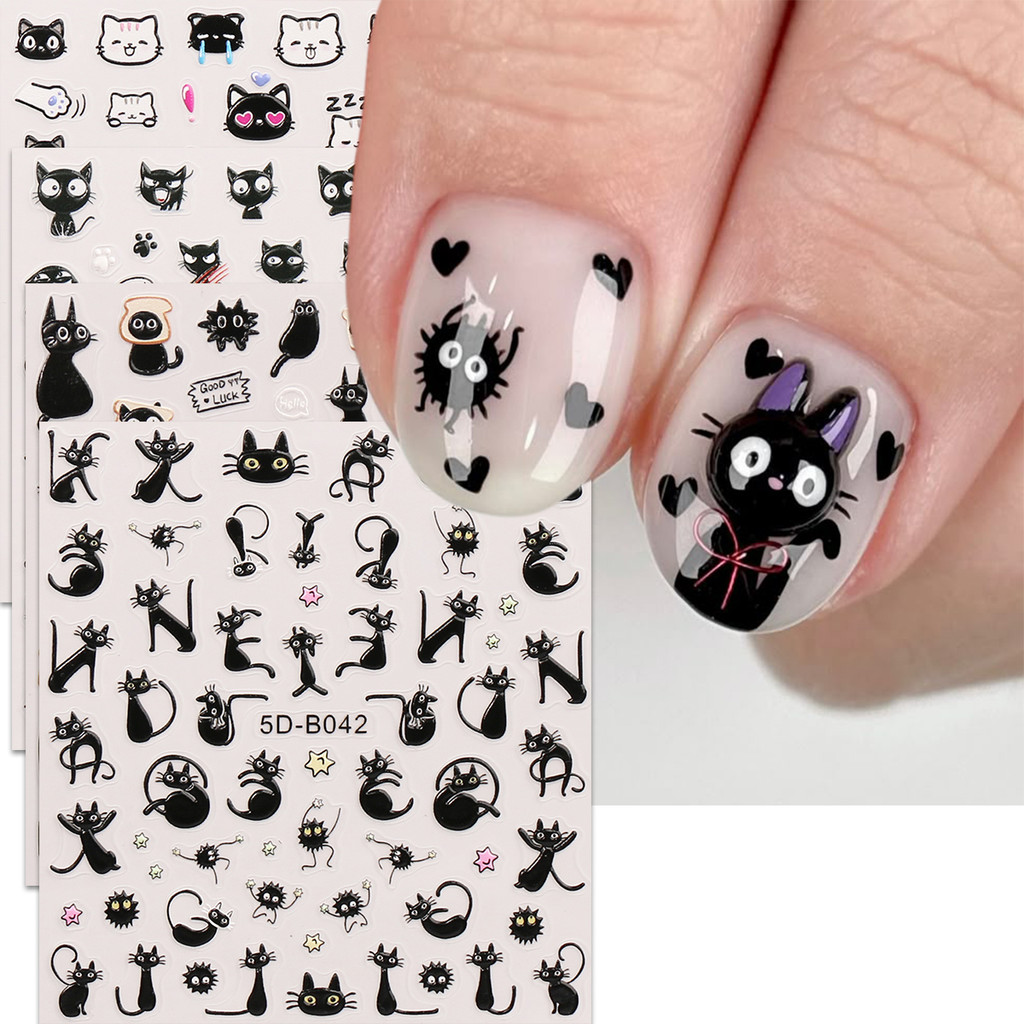 HAMA NAIL Nail Art สติกเกอร์ขายส่ง 3D นูนน่ารักการ์ตูนแมวภาษาฝรั่งเศสคําตกแต่งเล็บสติกเกอร์ Decals