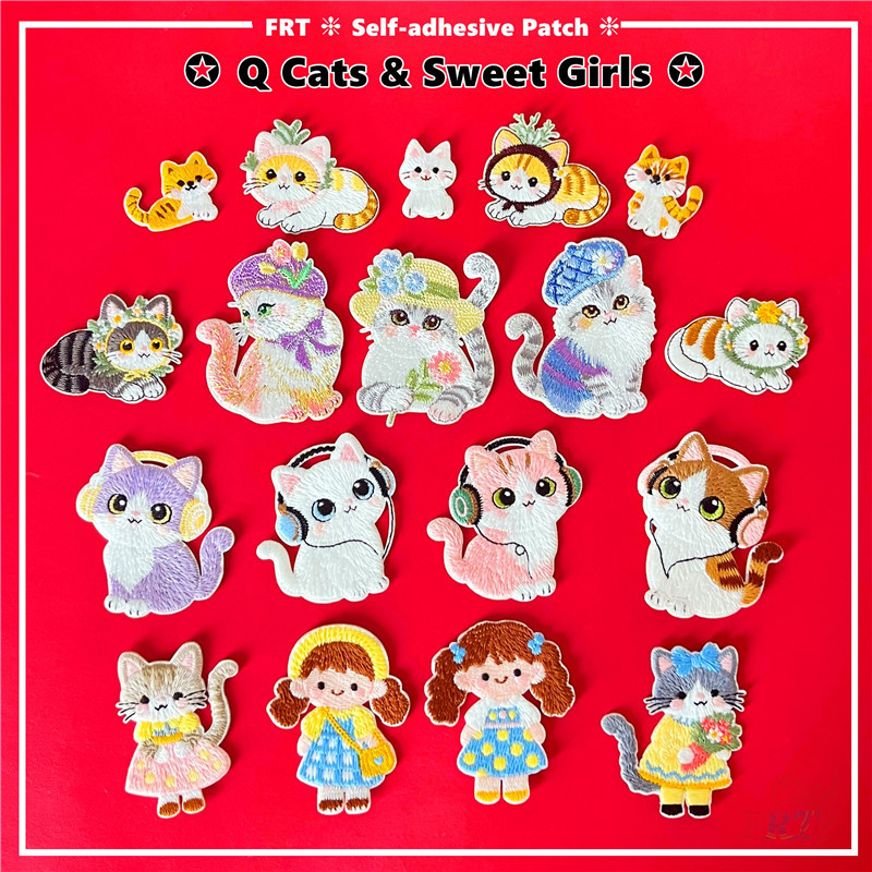 แผ่นแปะสติกเกอร์มีกาวในตัวสำหรับตกแต่งเสื้อผ้าและกระเป๋า Q Cats & Sweet Girls
