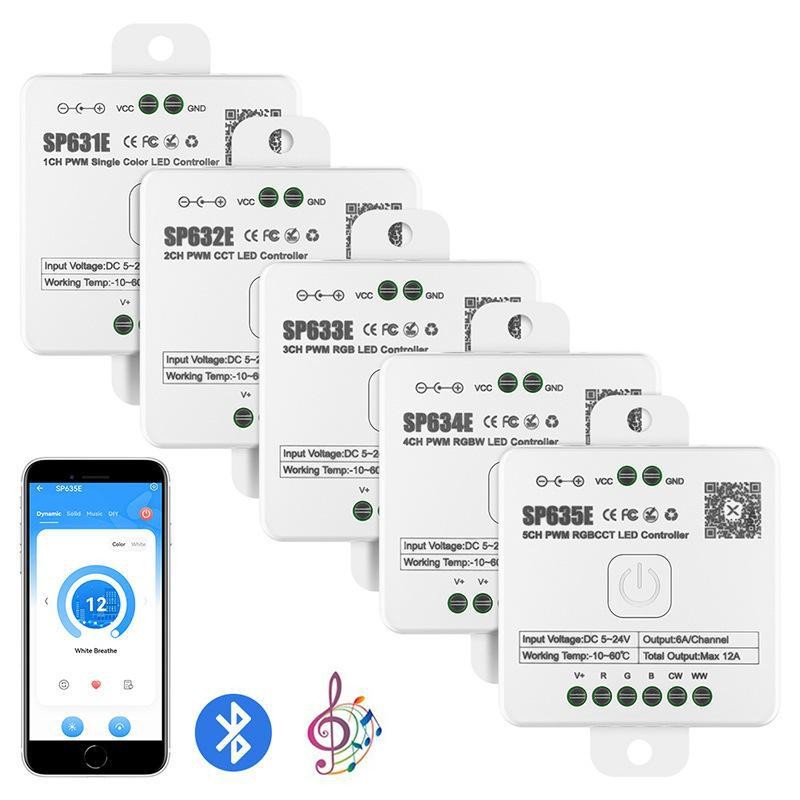 SP630E บลูทูธควบคุมเพลง RGBCW Monochrome อุณหภูมิสีคู่ Symphony ไฟ Led Strip Dimming Controller APP4