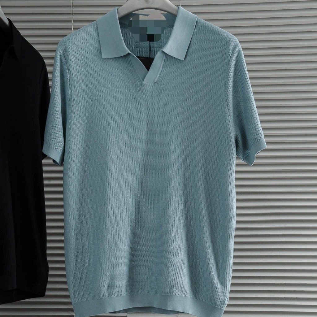 F8KG Zegna New Knitted Short Sleeve T Men's Summer Turn-Down Collar Business Shirt POLO Breathable c