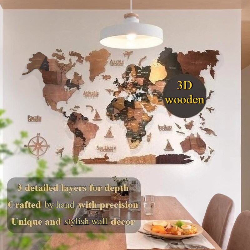 3D ไม้แผนที่โลกตกแต่งผนัง Modern Wall Art ตกแต่งบ้านสําหรับห้องนั่งเล่นสํานักงาน
