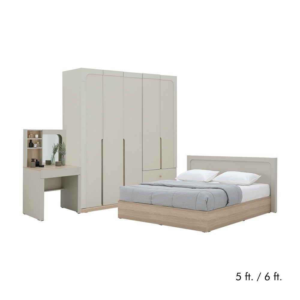 INDEX LIVING MALL ชุดห้องนอน รุ่นเมลเบิร์น (เตียง, ตู้เสื้อผ้า 5 บาน, โต๊ะเครื่องแป้ง) - สีหินทราย/เลอบาน่า โอ๊ค
