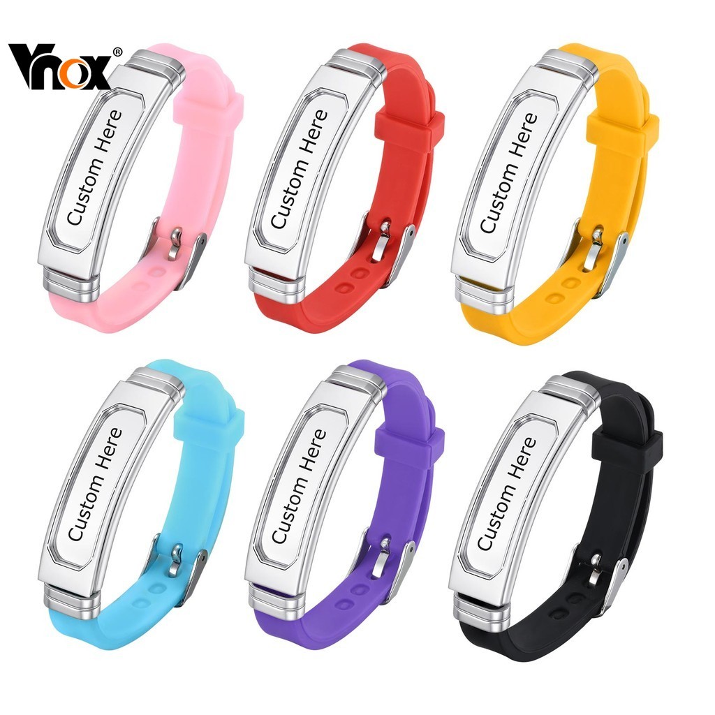 VNOX วีน็อกซ์ สร้อยข้อมือสายรัดซิลิโคนที่กําหนดเองส่วนบุคคลสําหรับผู้ชายผู้หญิง,สแตนเลสแกะสลักชื่อสร้อยข้อมือหลากสีของขว