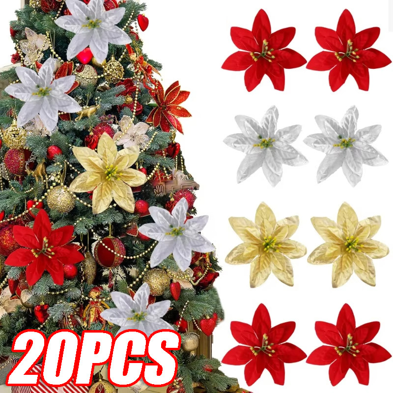 ของตกแต่งต้นคริสต์มาส 5/10/20 ชิ้น พร้อมดอกไม้และเบอร์รี่สีแดงสำหรับตกแต่งบ้าน