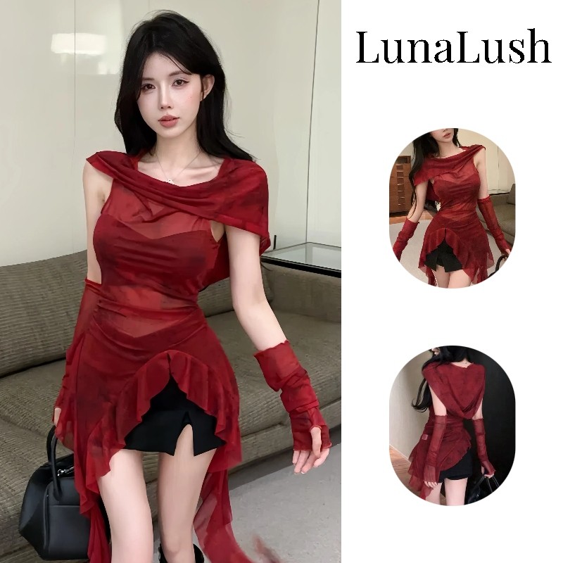 LunaLush✨พร้อมส่ง เซ็กซี่ ผ้าใส่สบาย เดรส ฮูดดี้ผ้าซี่ทรู สีแดง  แถมปลอกแขน ใส่สบาย “FY2801#1”