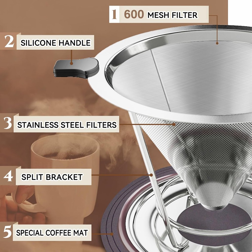 Pour Over Coffee Dripper, กรองกาแฟสแตนเลสแบบใช้ซ้ําได้, Easy-to-Clean Paperless Cone Coffee Dripper 