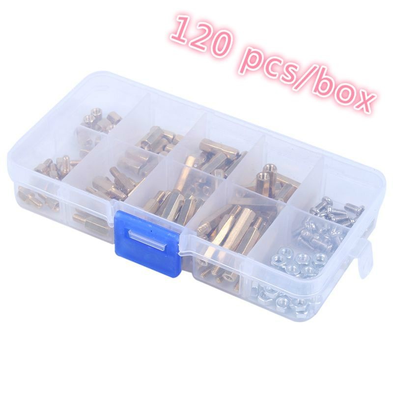 ดีที่สุด M3 ทองเหลืองหกเหลี่ยมแยก เสารองปริ้น น็อตสกรูชุดละ 120ชิ้น   ผู้ เมีย PCB เมนบอร์ด