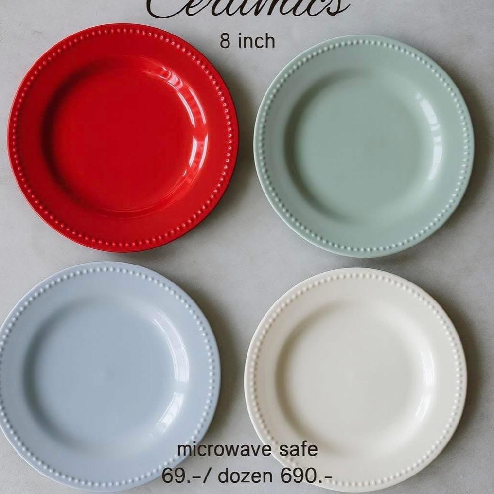 Thai Ceramic จาน 8 นิ้ว มีหลายสีให้เลือก (เขียว แดง เทา ครีม) - เข้าเครื่องล้างจาน และรับประกันความปลอดภัยในการใช้งานกับ