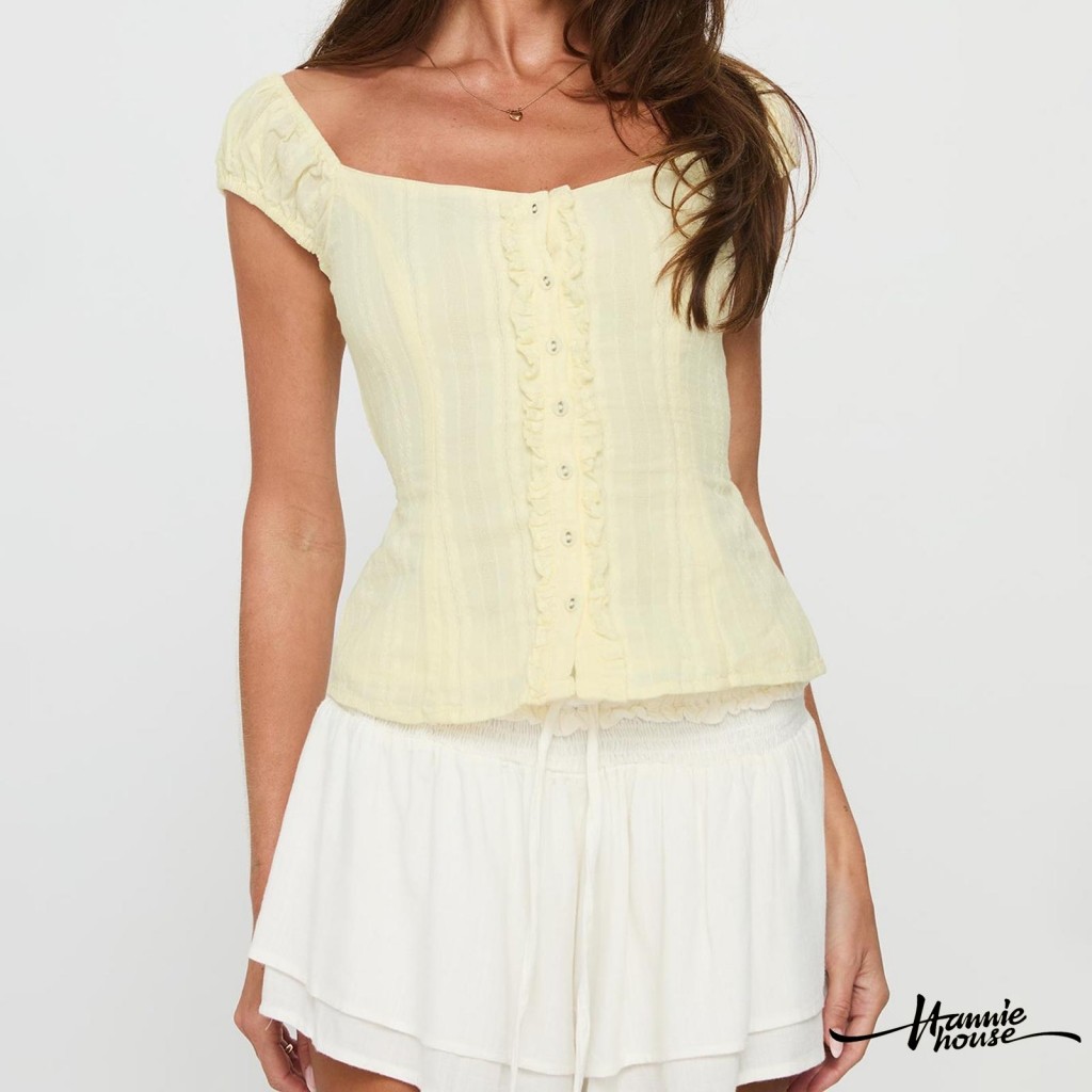 HANIE House- Womens Cap Sleeve Sweetheart Neck Solid Color Button Down Top