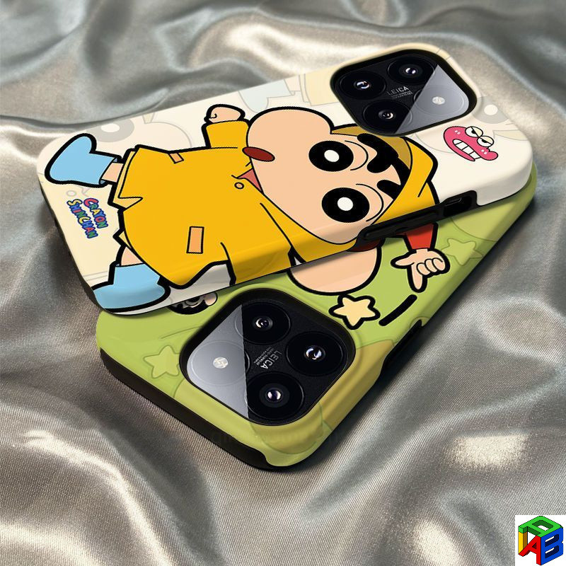 เคสเครยอนชินจังน่ารักสําหรับ 16promax Iphone15/16Pro iPhone 17 ฟิล์ม 2-in-1 14/13Promax 12/11promax 7/8Plus Xsmax สีดํา เคสป้องกันการตกสองชั้น