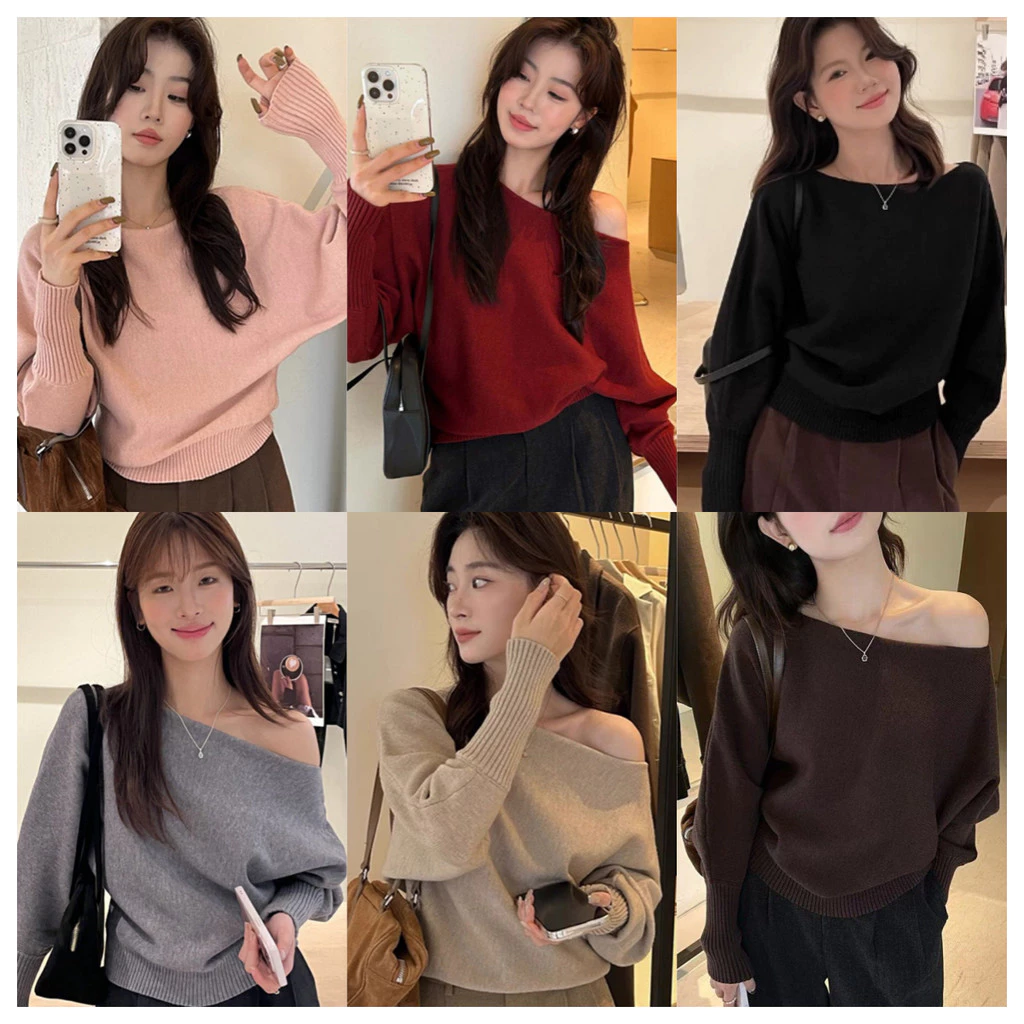 (พร้อมส่ง)เสื้อไหมพรมแขนยาวสีแดง ดีเทล เสื้อสเวตเตอร์ไหล่เดียวเกาหลี,ใส่สบาย ใส่สบาย ผู้หญิง เสื้อแขนยาว