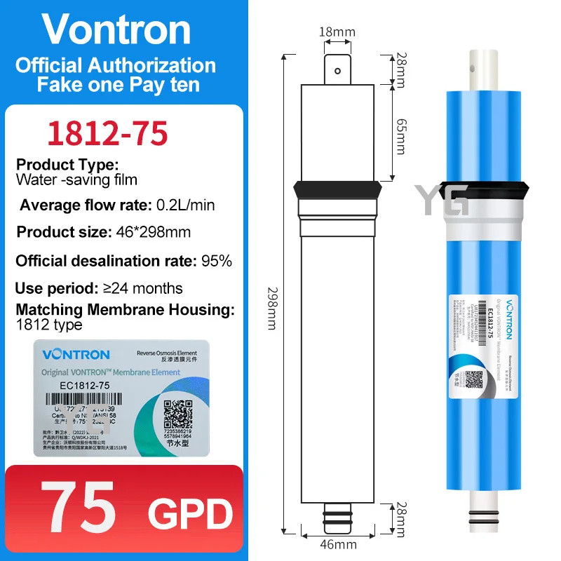 YG Vontron Brand Genuine 75/400/600/800 GPD Universal RO Membrane Water Purifier for Household Repla