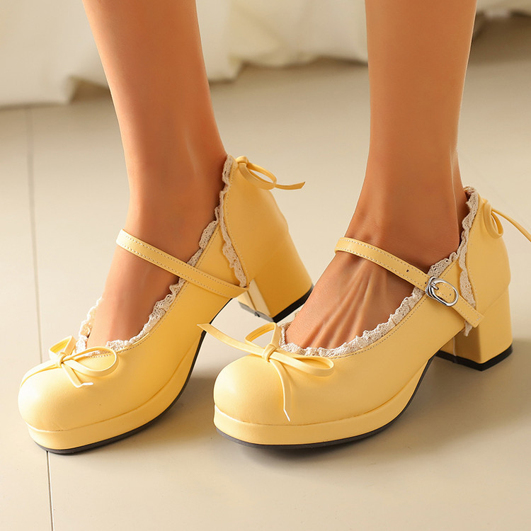 ASL30-50 ขนาดขนาดใหญ่ขนาดเล็กหวานรอบนิ้วเท้าโลลิต้าส้นหนาแพลตฟอร์มกันน้ําลูกไม้โบว์สายรัดหัวเข็มขัดแบนสไตล์เจ้าหญิงแมรี่เจนรองเท้า - รูปที่ 2