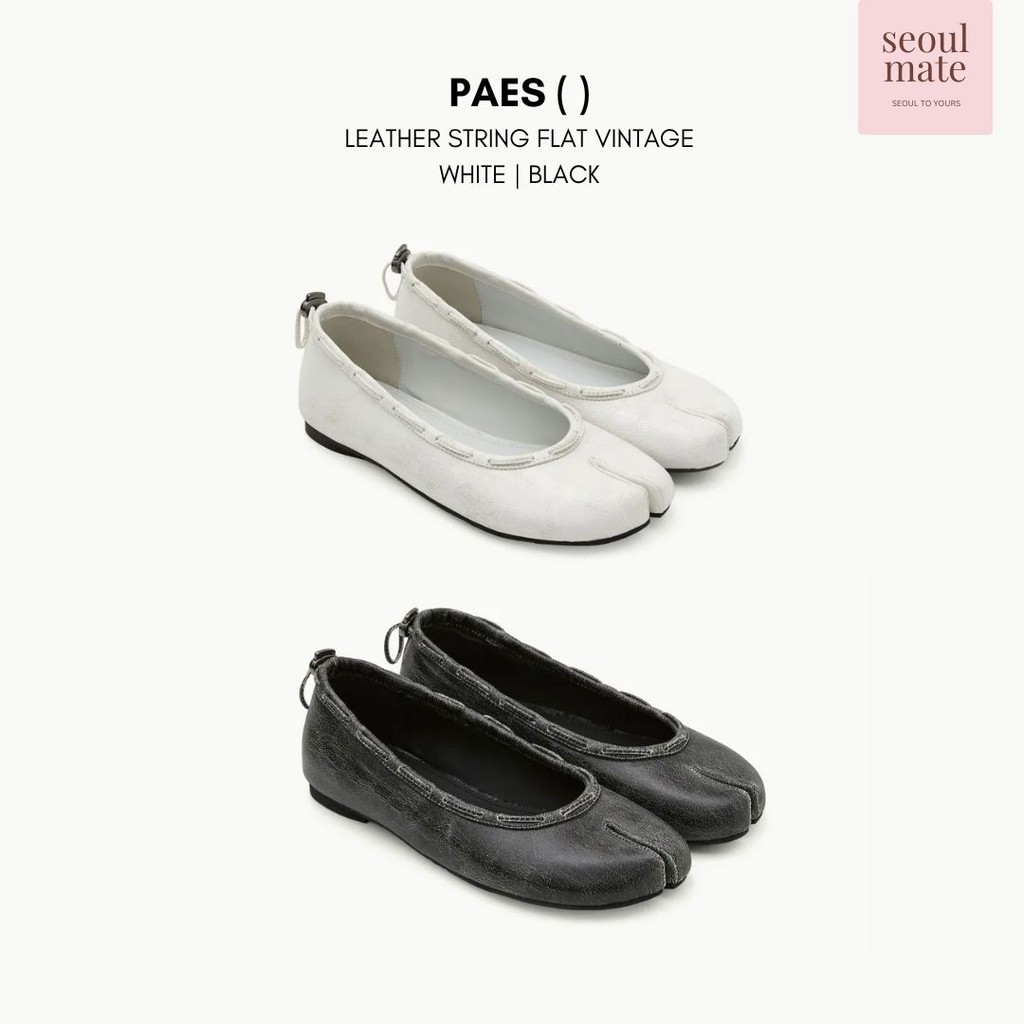 รองเท้าแฟลตสายหนัง PAES แบบวินเทจ สีขาวและดำ อารมณ์เกาหลี