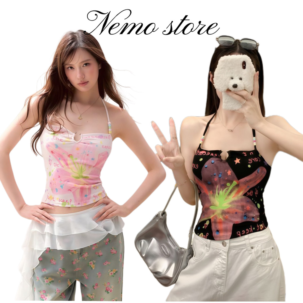 Nemo store🌸#FY949 เสื้อคล้อคอ ลายดอกไม้สีพาลเทล คาวาอี้ ใส่สบายมเสริมฟองน้ำ