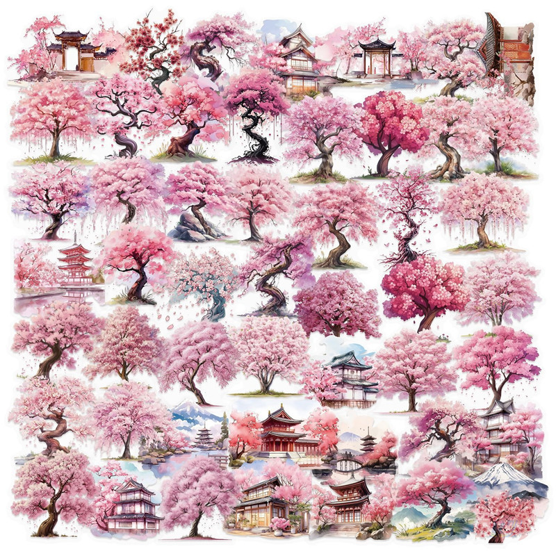 สติ๊กเกอร์ PET Sakura Trees 50 ชิ้น/เซ็ตกันน้ําแฟชั่น DIY Doodle Decals สติ๊กเกอร์