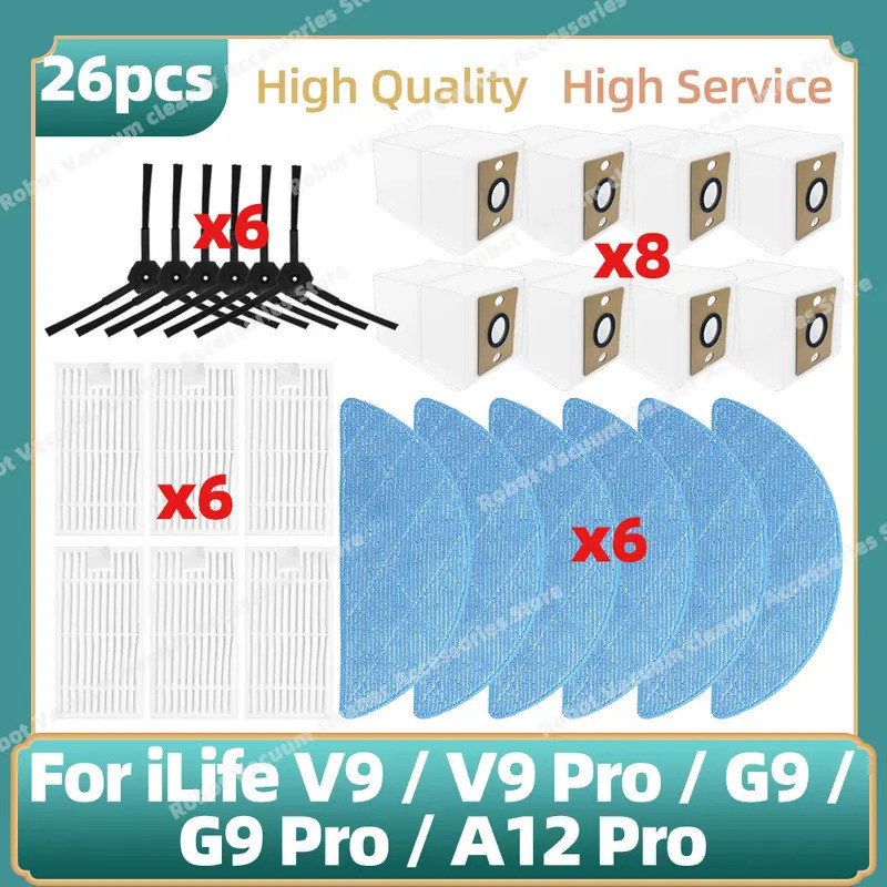 เข้ากันได้กับ ( iLife V9 / V9 Pro / G9 / G9 Pro / A12 Pro ) อะไหล่แปรงด้านข้าง Hepa Filter Mop ผ้าถุ