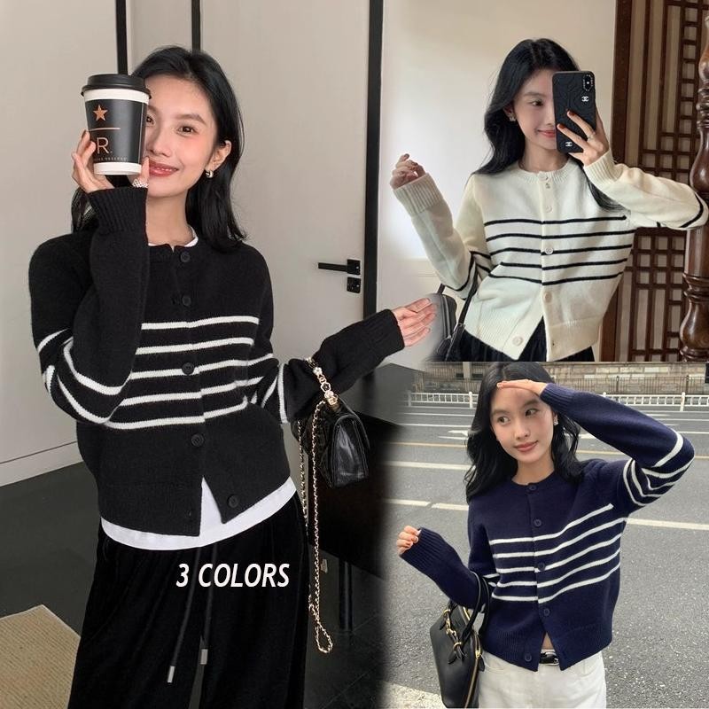 Dahong N109 เสื้อคาร์ดิแกนกันหนาว แขนยาว ผ้าถัก ลายทาง สไตล์วินเทจ สําหรับผู้หญิง คาดิแกนไหมพรมแขนยาว