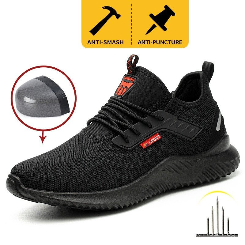 2024 Ready StockMen Safety Shoes Steel Toe Anti-damping Lightweight Breathable Safety Boots สีดํา J9
