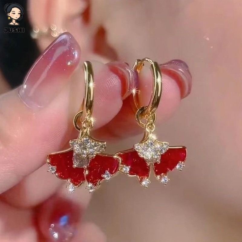 JUSHI Vintage Red Maple Leaf Sparkling Diamond Ear Jacket Ear Climber ต่างหูสําหรับผู้หญิงแฟชั่นไอเด