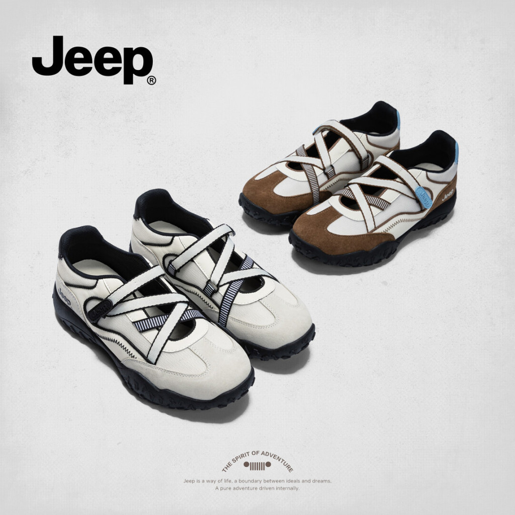Jeep รองเท้าผู้หญิง ดีไซน์เรโทรสปอร์ต Mary Jane พื้นนุ่ม สีขาากและสีเทา