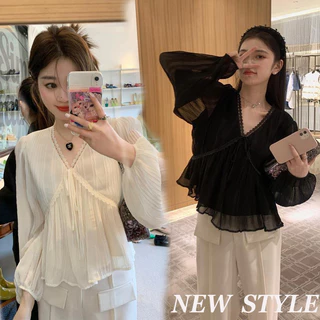 Cuties 🔥99141 เสื้อแขนยาวผู้หญิงแฟชั่นเกาหลี คอวี เสื้อเชิ้ตผ้าชีฟองลูกไม้ฝรั่งเศสทรง ผ้าชีฟองพรีเมี่ยม